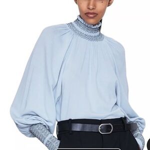 ZARA  Light Blue High Neck Balloon Sleeve Knit Top Size L